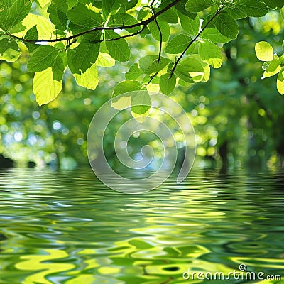 Tranquil green leaves reflecting in calm water Stock Photo