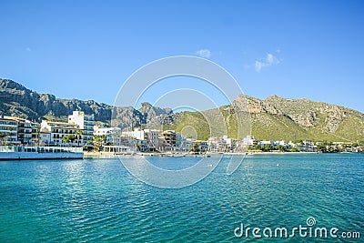 Tranquil harbour with boats in Port de Pollenca, Mallorca, Spain Stock Photo