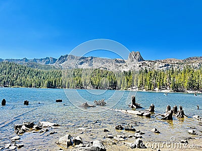 Tranquil Haven: California Lake Embraced by Mountains Stock Photo