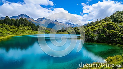 Tranquil Havens of New Zealand: Emerald Valleys and Cobalt Waters. Stock Photo