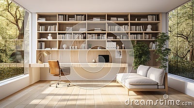 Tranquil Home Office or Library with Custom Built-in Bookshelves and Comfortable Seating AI Generated Cartoon Illustration