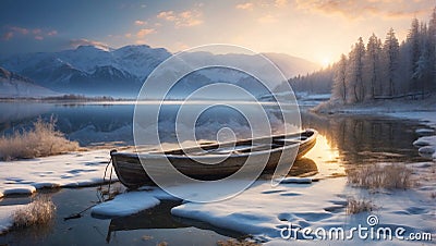 Lonely boat in a snowy lake at dawn of day. Stock Photo