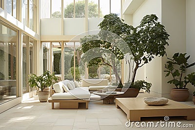 Serene Family Room with Natural Light and Indoor Tree with Linen Furniture Stock Photo