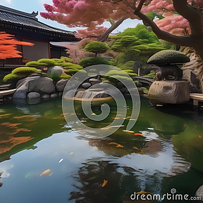 A tranquil Japanese garden, with a koi pond and bonsai trees, offering a peaceful retreat from the outside world5 Stock Photo