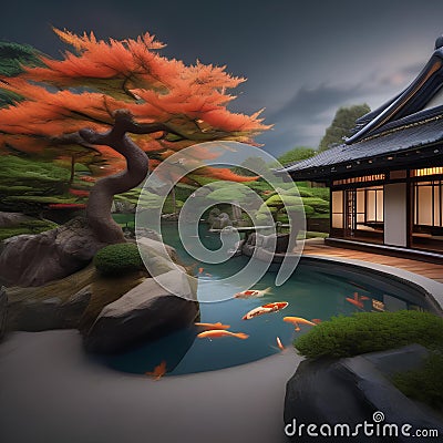 A tranquil Japanese garden, with a koi pond and bonsai trees, offering a peaceful retreat from the outside world1 Stock Photo