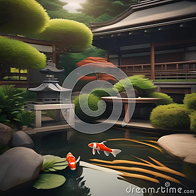 A tranquil Japanese garden, with a koi pond and bonsai trees, offering a peaceful retreat from the outside world2 Stock Photo