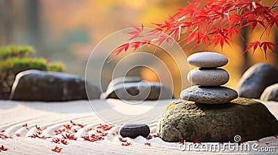 Tranquil japanese garden, serene zen garden with rock and maple tree, mindfulness, balance and harmony concept. generative ai Stock Photo