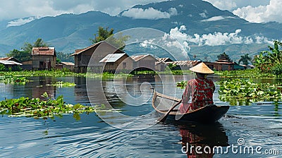 A tranquil lake in Asia, with a stilt house and rower. Generative AI Stock Photo