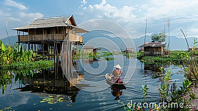 A tranquil lake in Asia, with a stilt house and rower. Generative AI Stock Photo