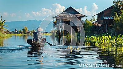 A tranquil lake in Asia, with a stilt house and rower. Generative AI Stock Photo