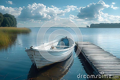 Tranquil Lake Harmony with Solitary Boat and Rustic Pier. Concept Lake Views, Boat Photography, Stock Photo