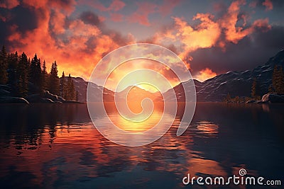Tranquil lake reflecting the fiery colors of a sun Stock Photo