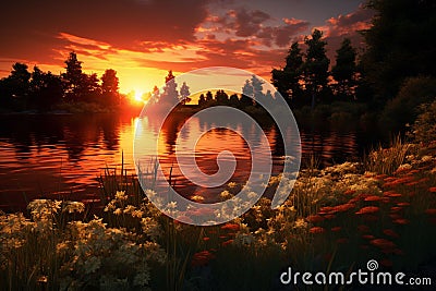Tranquil lake reflecting the fiery hues of a setti Stock Photo