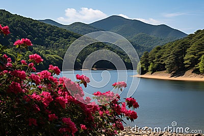 lake reflecting sky and mountains with colorful flower meadow and birds nesting Stock Photo