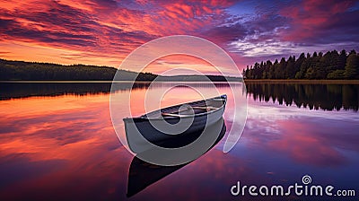 tranquil lake sunset boat Cartoon Illustration