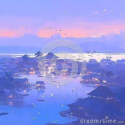 Tranquil Lakefront Village at Dusk Stock Photo