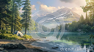 Tranquil Lakeside Camping in Summer Stock Photo