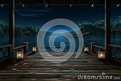 Tranquil lakeside at dusk wooden dock, starry canopy, and full moon reflection in serene ambiance Stock Photo