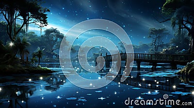 Tranquil lakeside at dusk with wooden dock, starry canopy, and radiant full moon glow Stock Photo