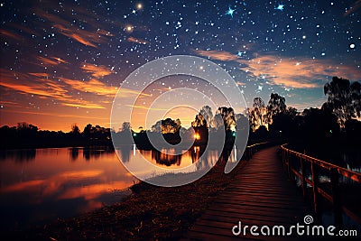 tranquil lakeside paradise wooden dock under starlit sky with full moon reflection Stock Photo