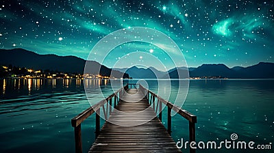 Tranquil lakeside scene at dusk with wooden dock, shimmering stars, and radiant full moon Stock Photo