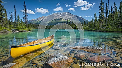 Tranquil Lakeside Scene with Yellow Canoe on Clear Waters Stock Photo