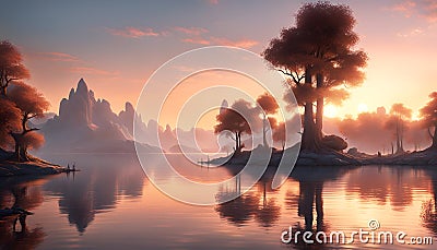 Tranquil Lakeside View at Dawn with Calm Waters Reflecting the Soft Hues of the Rising Sun and Dista Stock Photo