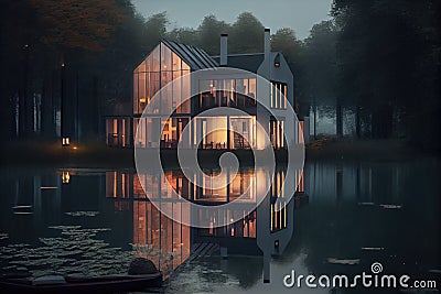 a tranquil lakeside view of a modern house with lighted windows and lanterns Stock Photo