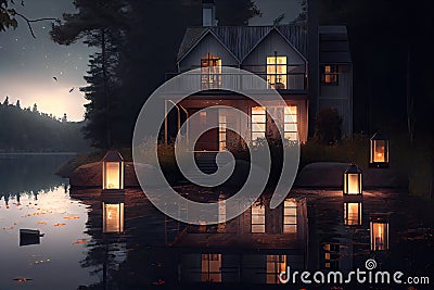 a tranquil lakeside view of a modern house with lighted windows and lanterns Stock Photo