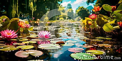 tranquil lakeside with water lilies floating on the surface, surrounded by lush foliage. Stock Photo
