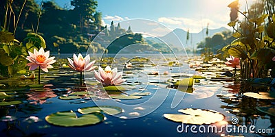 tranquil lakeside with water lilies floating on the surface, surrounded by lush foliage. Stock Photo