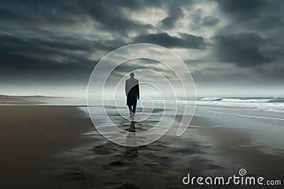 Tranquil Man sea walk beach. Generate Ai Stock Photo