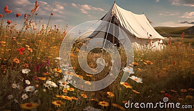 Tranquil meadow camping, wildflowers bloom in idyllic rural landscape generated by AI Stock Photo