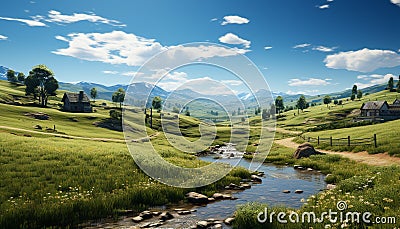 Tranquil meadow, green grass, blue sky, mountain generated by AI Stock Photo