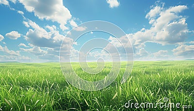 Tranquil meadow, green grass, blue sky, ripe wheat, peaceful nature Stock Photo