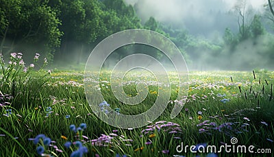 Tranquil meadow, green grass, wildflowers bloom, nature beauty unfolds Stock Photo