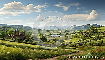 Tranquil meadow, green mountains, old chapel nature serenity generated by AI Stock Photo