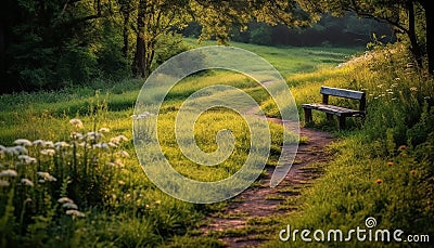 Tranquil meadow, green tree, yellow flower, peaceful bench, nature beauty generated by AI Stock Photo