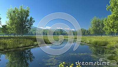 Tranquil meadow, green trees, blue sky, reflecting in pond Stock Photo