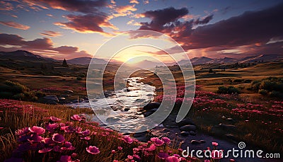 Tranquil meadow, purple flowers, sunset over mountains generated by AI Stock Photo