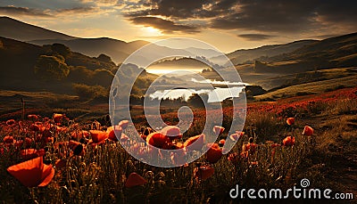 Tranquil meadow, vibrant wildflowers, sunset paints nature beauty generated by AI Stock Photo