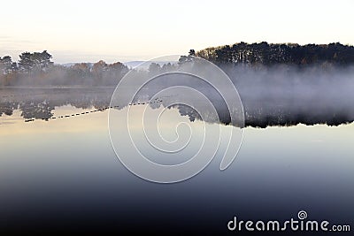 Tranquil Misty morning scene of trees reflected in a still lake Stock Photo
