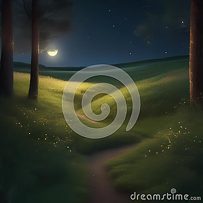 A tranquil, moonlit meadow where fireflies illuminate the path through tall, glowing grass4 Stock Photo