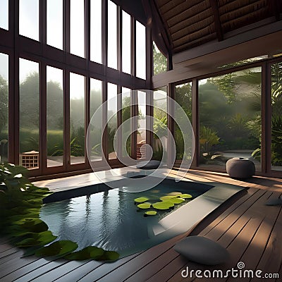 A tranquil, moonlit meditation retreat surrounded by glowing lotus ponds1 Stock Photo