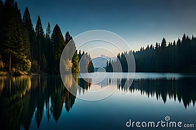 A tranquil, moonlit night over a calm, reflective lake surrounded by dense forest Stock Photo