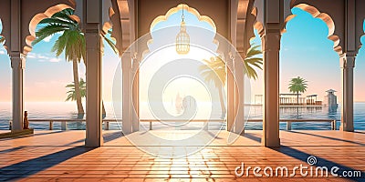 tranquil mosque by the sea, where worshippers find solace in prayer while overlooking the calming waters. Generative AI Stock Photo