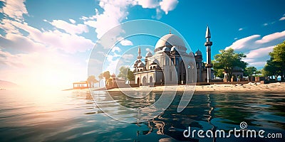 tranquil mosque by the sea, where worshippers find solace in prayer while overlooking the calming waters. Generative AI Stock Photo