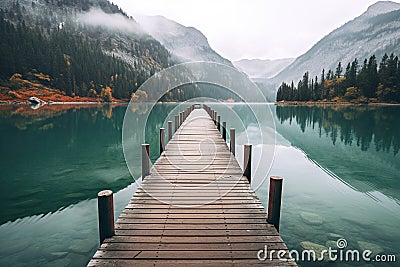 tranquil mountain lake with a wooden dock, surrounded by the beauty of nature. serene and peaceful atmosphere for Stock Photo