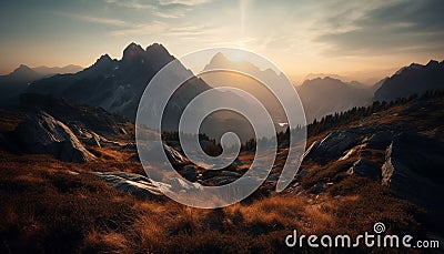 Tranquil mountain range, majestic peak, sunrise, forest, adventure, hiking trail generated by AI Stock Photo