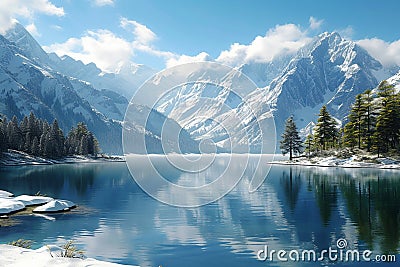 Tranquil mountain scene Lake nestled amid snowy peaks and trees Stock Photo